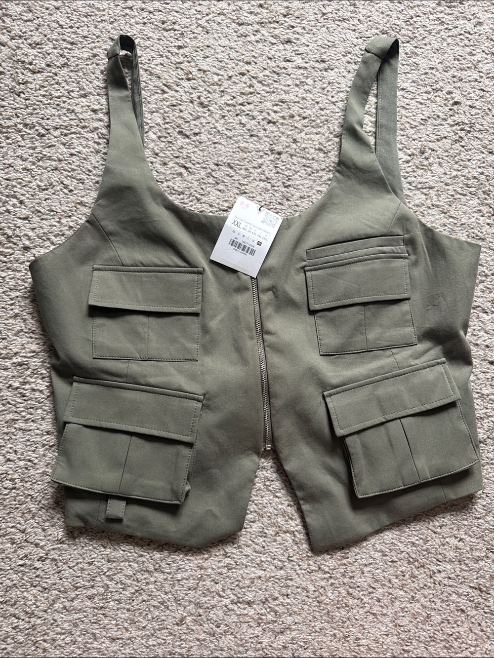 Zara Olive Utility Cargo Vest with Front Zip